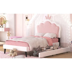 Letto a piattaforma per bambine Principessa con testiera a corona, 2 cassetti portaoggetti, pelle PU, struttura in legno di pino