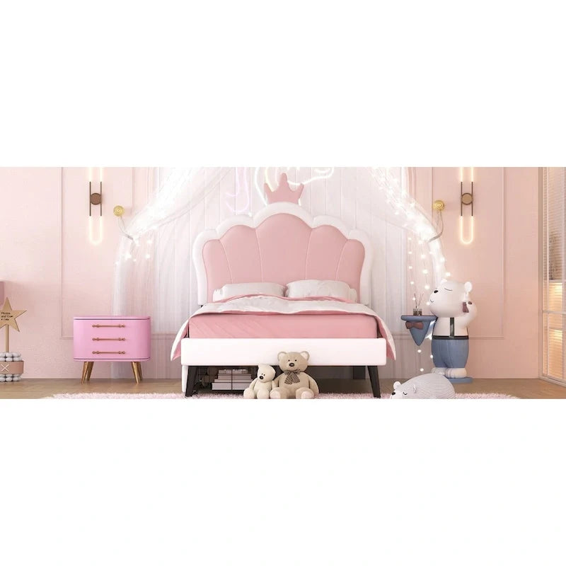 Letto a piattaforma per bambine Principessa con testiera a corona, 2 cassetti portaoggetti, pelle PU, struttura in legno di pino