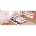 Letto a piattaforma per bambine Principessa con testiera a corona, 2 cassetti portaoggetti, pelle PU, struttura in legno di pino