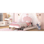 Letto a piattaforma per bambine Principessa con testiera a corona, 2 cassetti portaoggetti, pelle PU, struttura in legno di pino