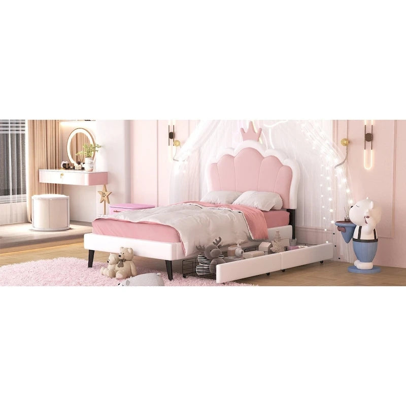 Letto a piattaforma per bambine Principessa con testiera a corona, 2 cassetti portaoggetti, pelle PU, struttura in legno di pino