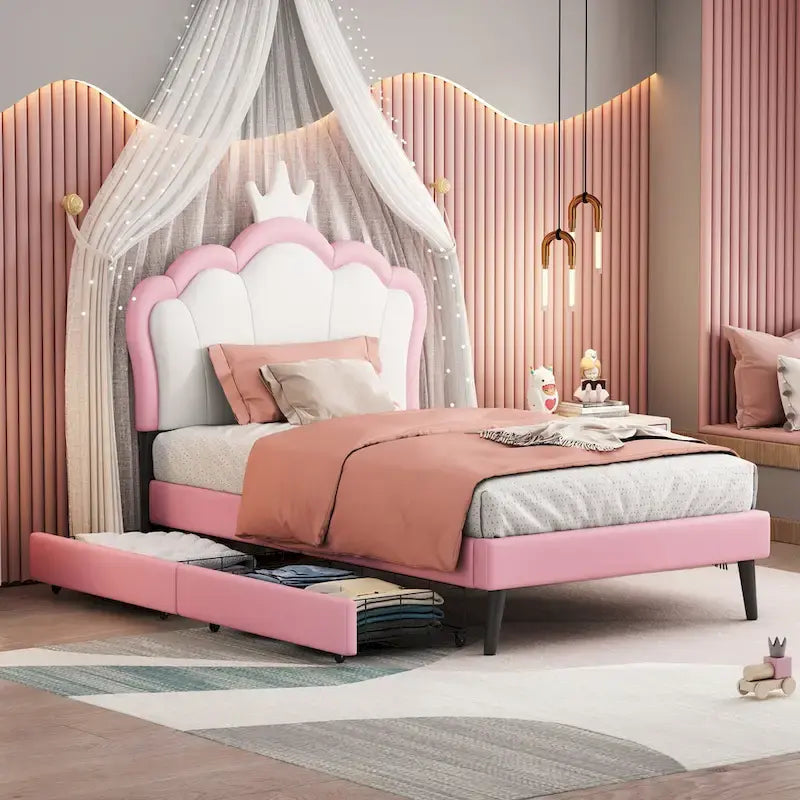 Letto a piattaforma per bambine Principessa con testiera a corona, 2 cassetti portaoggetti, pelle PU, struttura in legno di pino