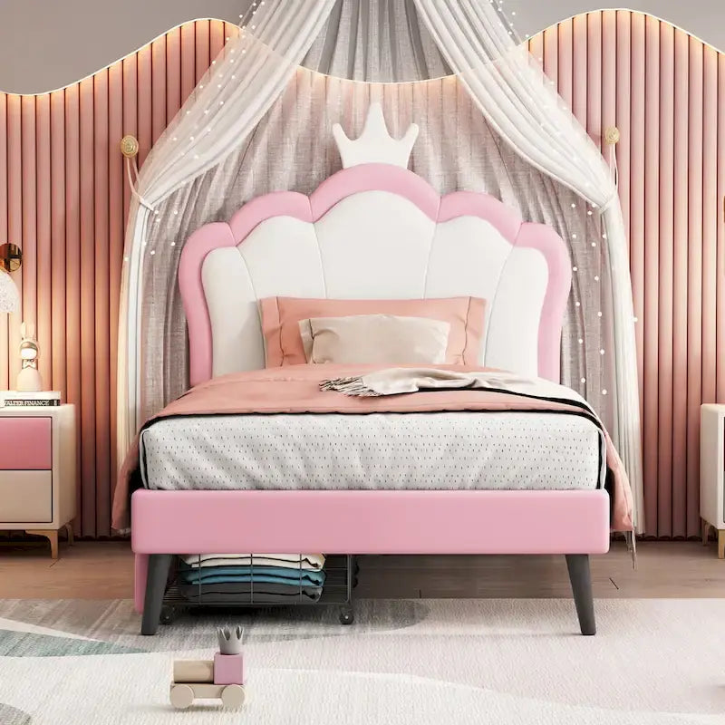Letto a piattaforma per bambine Principessa con testiera a corona, 2 cassetti portaoggetti, pelle PU, struttura in legno di pino