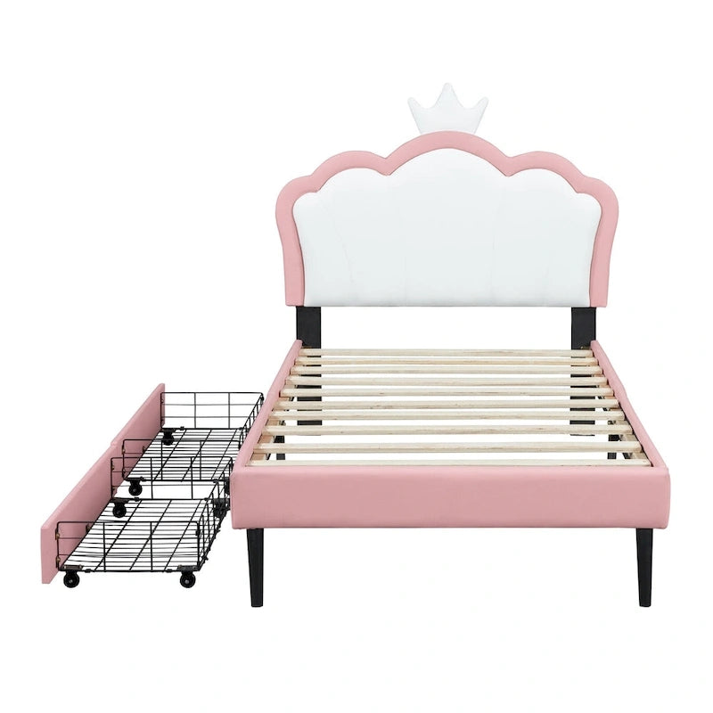 Letto a piattaforma per bambine Principessa con testiera a corona, 2 cassetti portaoggetti, pelle PU, struttura in legno di pino