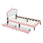 Letto a piattaforma per bambine Principessa con testiera a corona, 2 cassetti portaoggetti, pelle PU, struttura in legno di pino