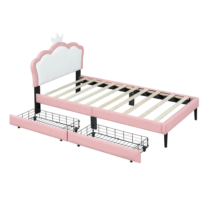 Letto a piattaforma per bambine Principessa con testiera a corona, 2 cassetti portaoggetti, pelle PU, struttura in legno di pino
