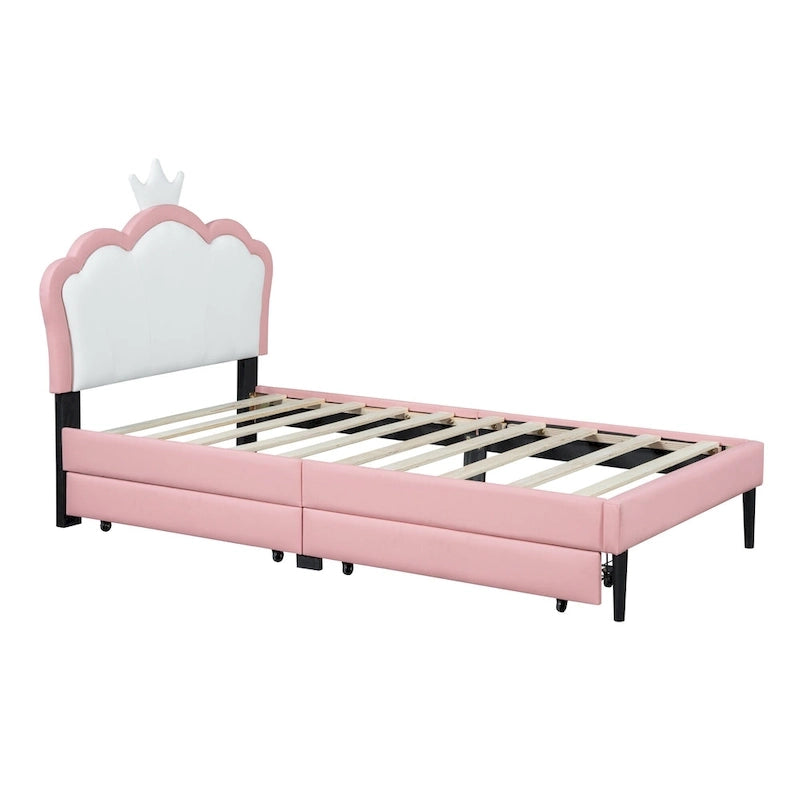 Letto a piattaforma per bambine Principessa con testiera a corona, 2 cassetti portaoggetti, pelle PU, struttura in legno di pino