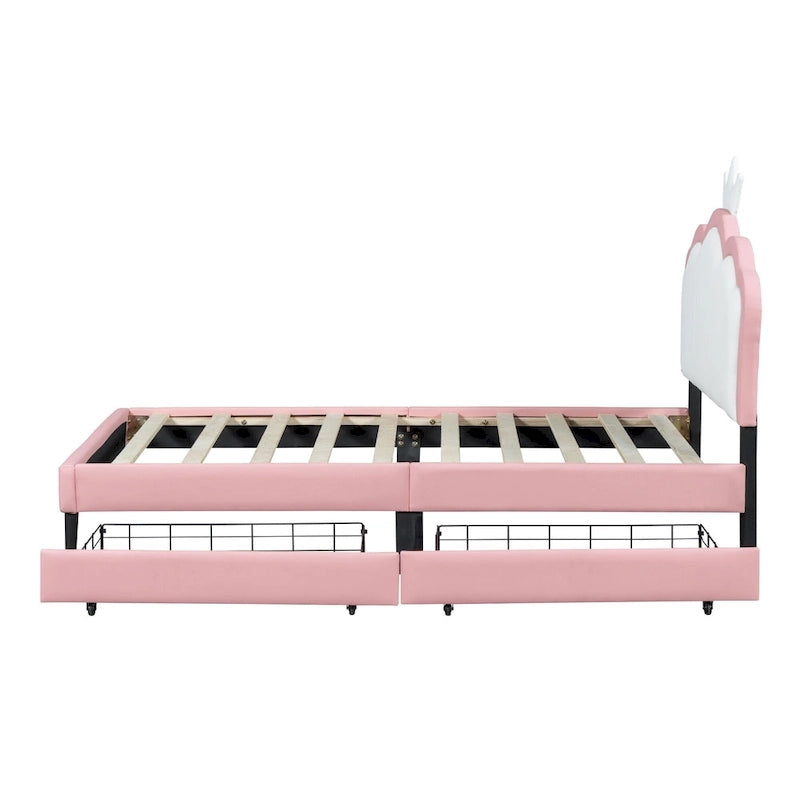 Letto a piattaforma per bambine Principessa con testiera a corona, 2 cassetti portaoggetti, pelle PU, struttura in legno di pino