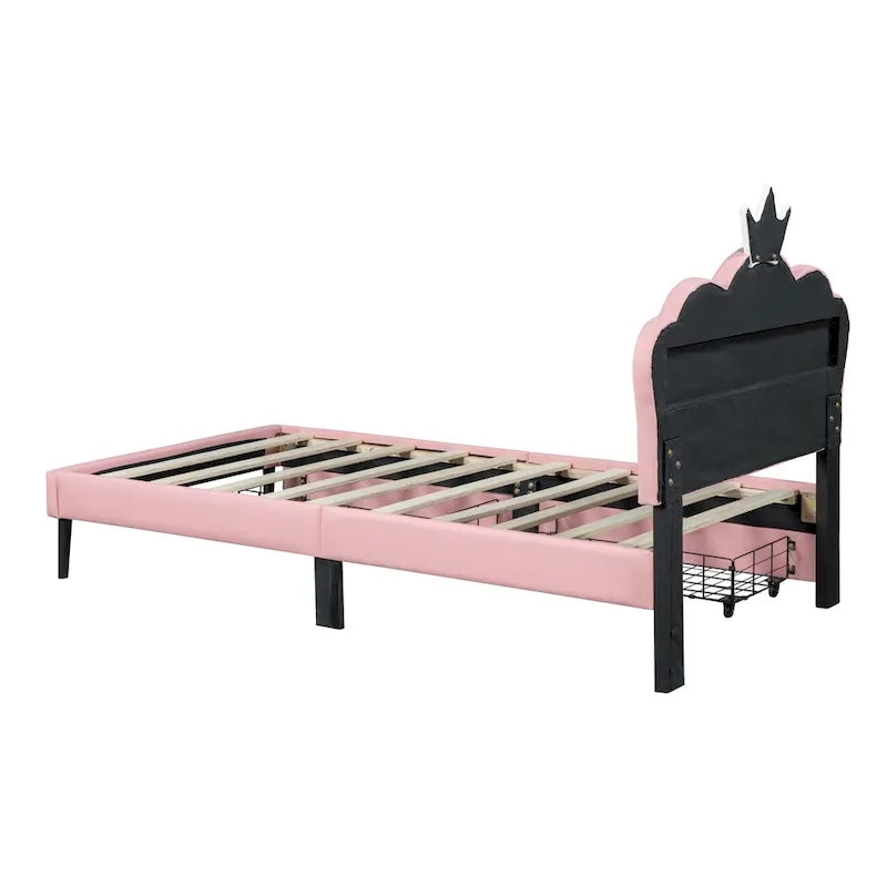 Letto a piattaforma per bambine Principessa con testiera a corona, 2 cassetti portaoggetti, pelle PU, struttura in legno di pino