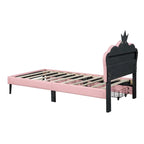 Letto a piattaforma per bambine Principessa con testiera a corona, 2 cassetti portaoggetti, pelle PU, struttura in legno di pino
