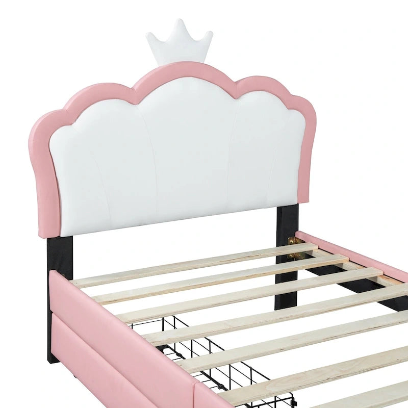 Letto a piattaforma per bambine Principessa con testiera a corona, 2 cassetti portaoggetti, pelle PU, struttura in legno di pino