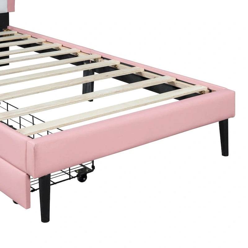 Letto a piattaforma per bambine Principessa con testiera a corona, 2 cassetti portaoggetti, pelle PU, struttura in legno di pino