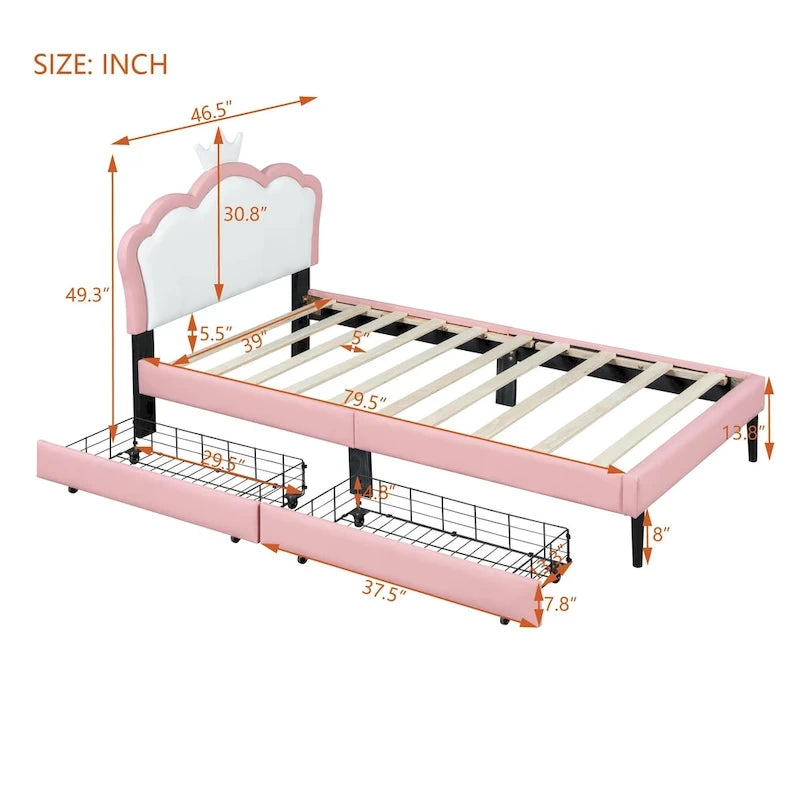 Letto a piattaforma per bambine Principessa con testiera a corona, 2 cassetti portaoggetti, pelle PU, struttura in legno di pino