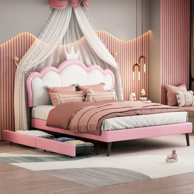 Letto a piattaforma per bambine Principessa con testiera a corona, 2 cassetti portaoggetti, pelle PU, struttura in legno di pino