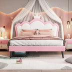 Letto a piattaforma per bambine Principessa con testiera a corona, 2 cassetti portaoggetti, pelle PU, struttura in legno di pino