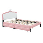 Letto a piattaforma per bambine Principessa con testiera a corona, 2 cassetti portaoggetti, pelle PU, struttura in legno di pino