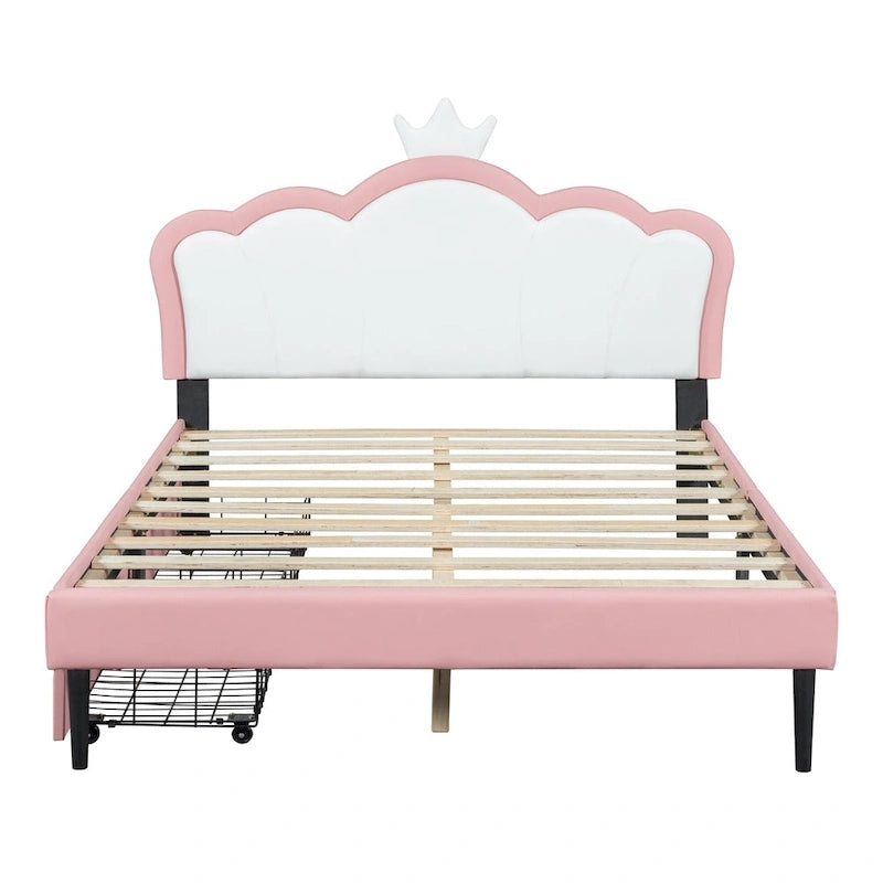 Letto a piattaforma per bambine Principessa con testiera a corona, 2 cassetti portaoggetti, pelle PU, struttura in legno di pino