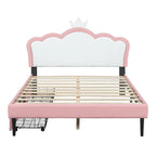 Letto a piattaforma per bambine Principessa con testiera a corona, 2 cassetti portaoggetti, pelle PU, struttura in legno di pino