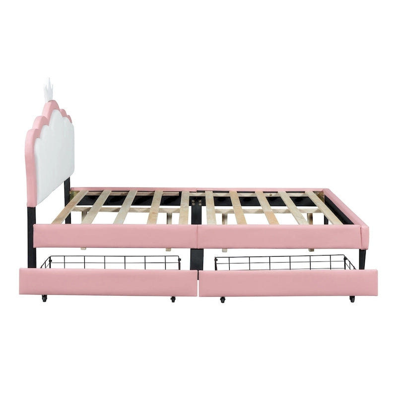 Letto a piattaforma per bambine Principessa con testiera a corona, 2 cassetti portaoggetti, pelle PU, struttura in legno di pino