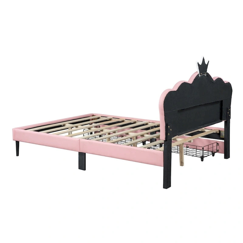 Letto a piattaforma per bambine Principessa con testiera a corona, 2 cassetti portaoggetti, pelle PU, struttura in legno di pino