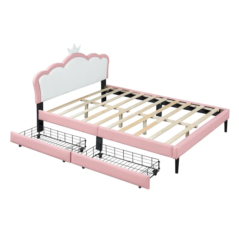 Letto a piattaforma per bambine Principessa con testiera a corona, 2 cassetti portaoggetti, pelle PU, struttura in legno di pino