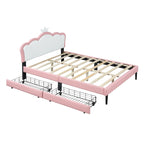 Letto a piattaforma per bambine Principessa con testiera a corona, 2 cassetti portaoggetti, pelle PU, struttura in legno di pino