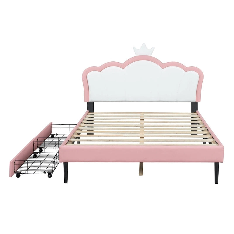 Letto a piattaforma per bambine Principessa con testiera a corona, 2 cassetti portaoggetti, pelle PU, struttura in legno di pino