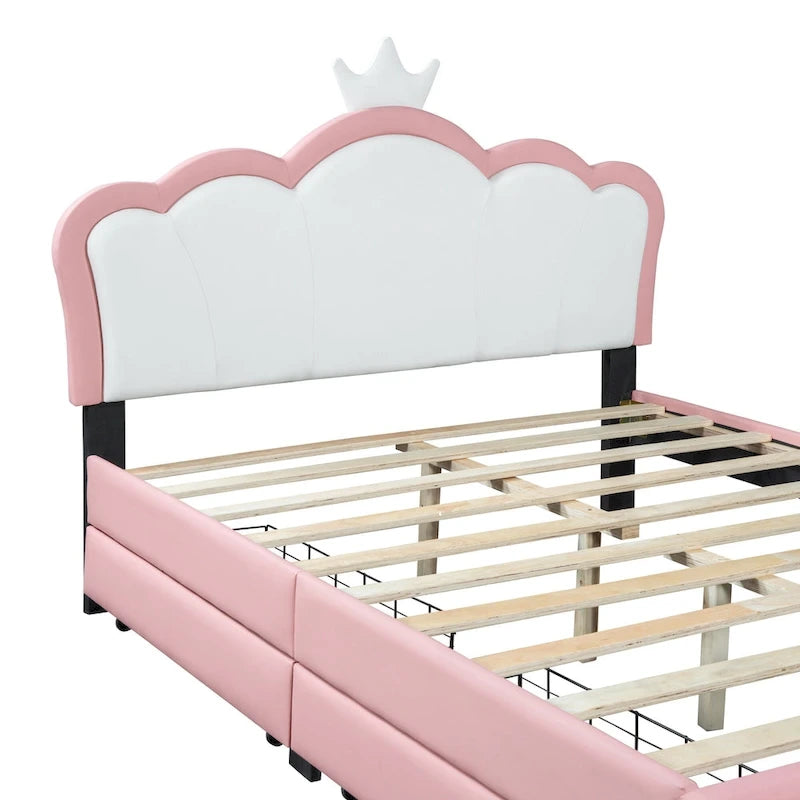 Letto a piattaforma per bambine Principessa con testiera a corona, 2 cassetti portaoggetti, pelle PU, struttura in legno di pino