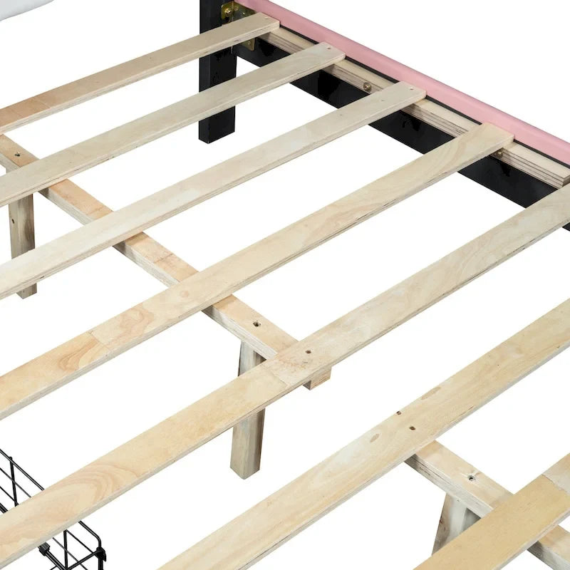Letto a piattaforma per bambine Principessa con testiera a corona, 2 cassetti portaoggetti, pelle PU, struttura in legno di pino