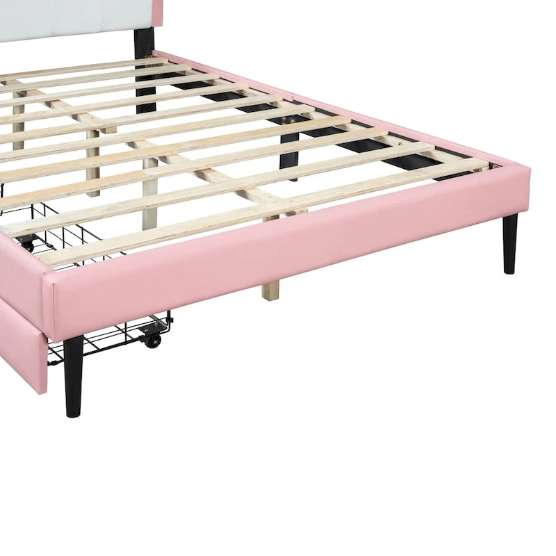 Letto a piattaforma per bambine Principessa con testiera a corona, 2 cassetti portaoggetti, pelle PU, struttura in legno di pino