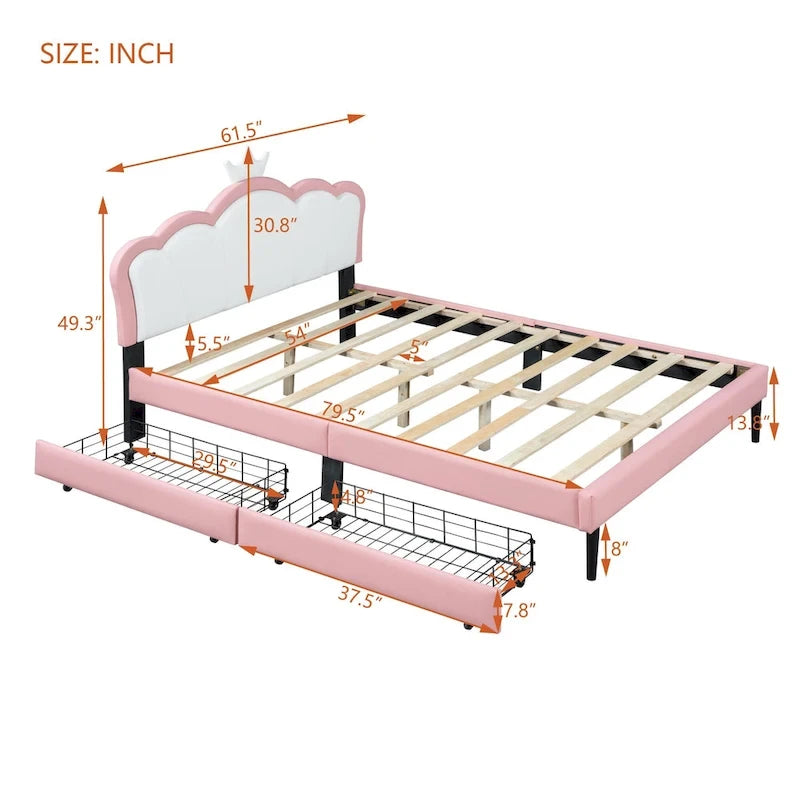 Letto a piattaforma per bambine Principessa con testiera a corona, 2 cassetti portaoggetti, pelle PU, struttura in legno di pino