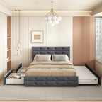 Letto a piattaforma Queen Size in lino con bottoni trapuntati, 2 cassetti portaoggetti e letto estraibile, 26 doghe in legno, nessun box spring