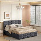 Letto a piattaforma Queen Size in lino con bottoni trapuntati, 2 cassetti portaoggetti e letto estraibile, 26 doghe in legno, nessun box spring