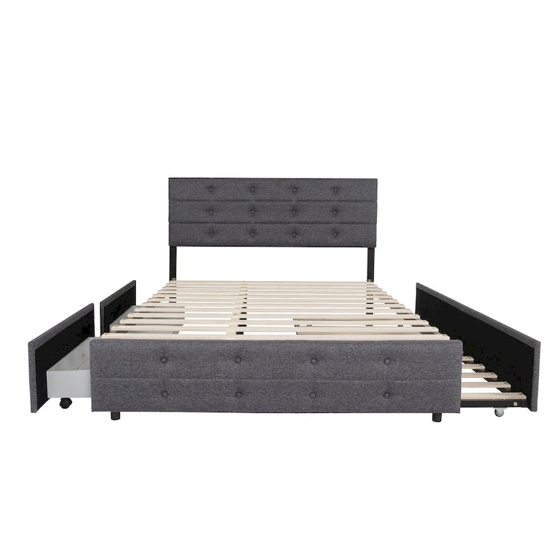 Letto a piattaforma Queen Size in lino con bottoni trapuntati, 2 cassetti portaoggetti e letto estraibile, 26 doghe in legno, nessun box spring
