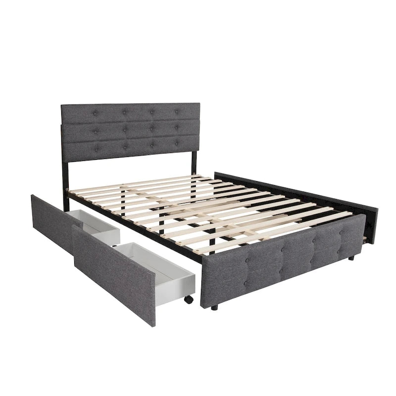Letto a piattaforma Queen Size in lino con bottoni trapuntati, 2 cassetti portaoggetti e letto estraibile, 26 doghe in legno, nessun box spring