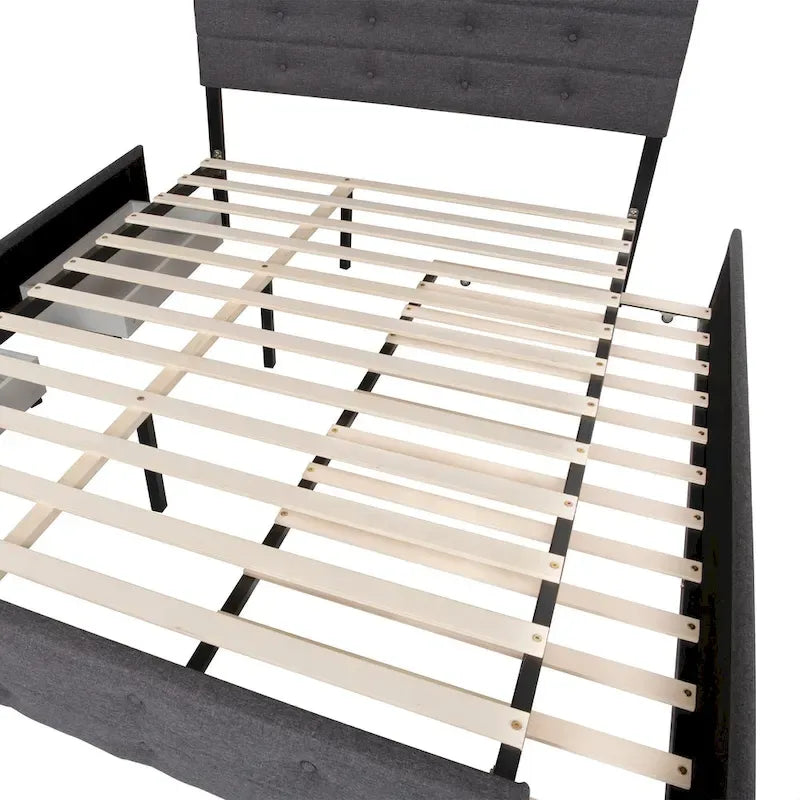 Letto a piattaforma Queen Size in lino con bottoni trapuntati, 2 cassetti portaoggetti e letto estraibile, 26 doghe in legno, nessun box spring