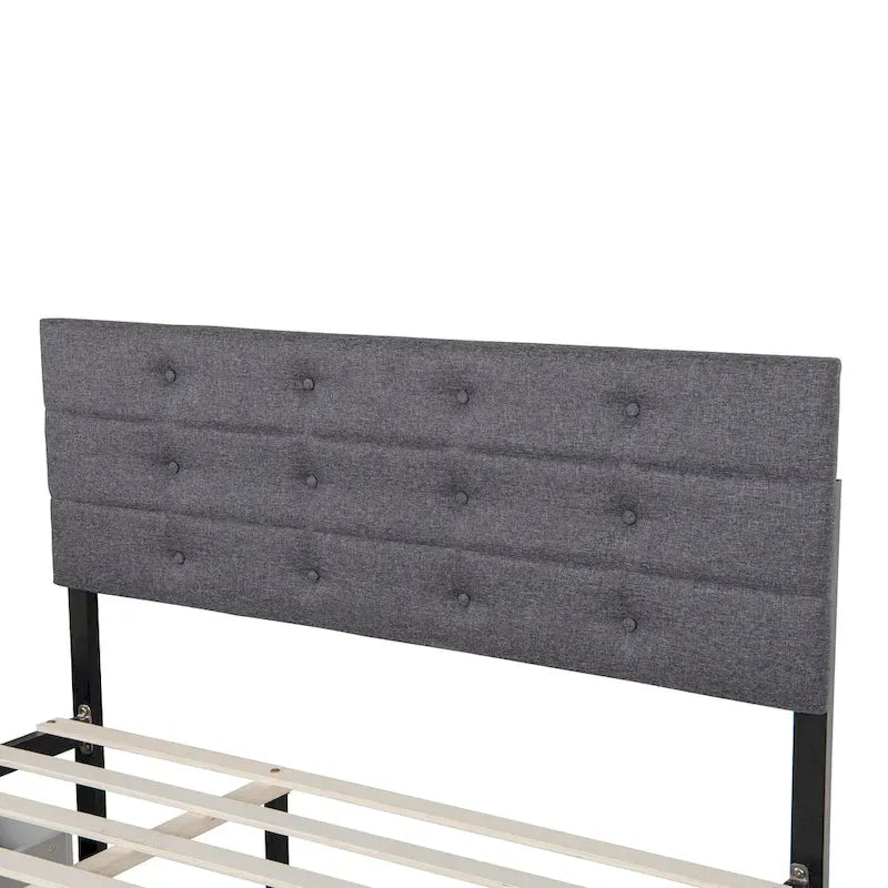 Letto a piattaforma Queen Size in lino con bottoni trapuntati, 2 cassetti portaoggetti e letto estraibile, 26 doghe in legno, nessun box spring
