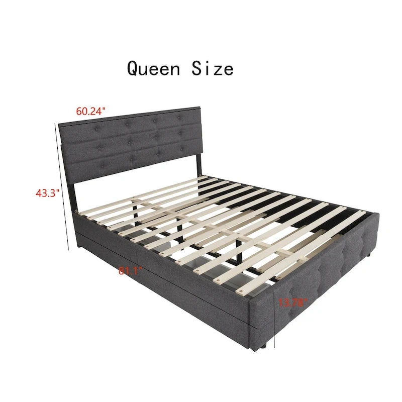 Letto a piattaforma Queen Size in lino con bottoni trapuntati, 2 cassetti portaoggetti e letto estraibile, 26 doghe in legno, nessun box spring