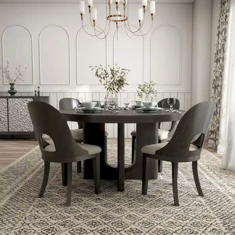 Set da pranzo rotondo da 5 pezzi, tavolo da 54" in legno massello di Hevea e 4 sedie imbottite, grigio cenere o rovere bianco
