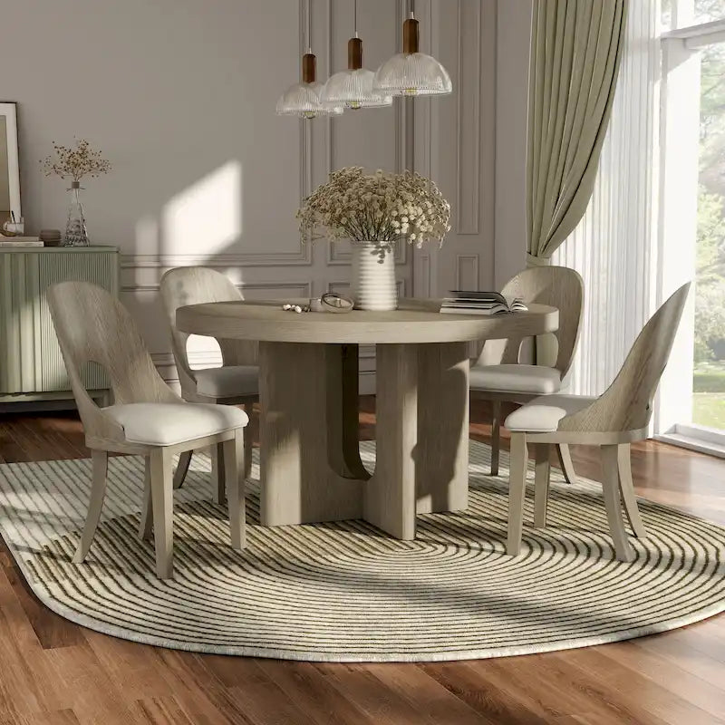 Set da pranzo rotondo da 5 pezzi, tavolo da 54" in legno massello di Hevea e 4 sedie imbottite, grigio cenere o rovere bianco
