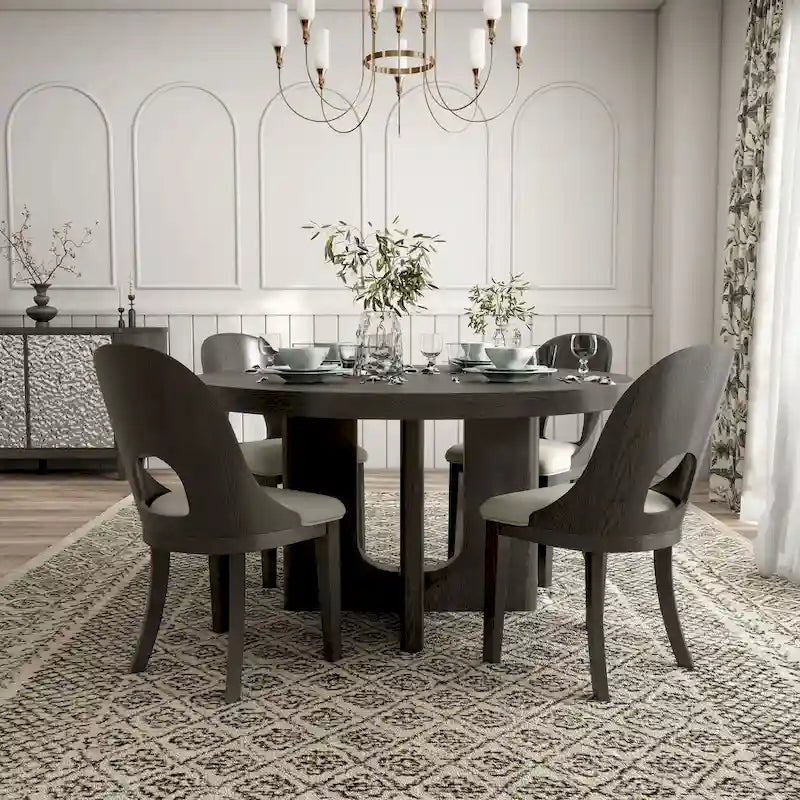Set da pranzo rotondo da 5 pezzi, tavolo da 54" in legno massello di Hevea e 4 sedie imbottite, grigio cenere o rovere bianco