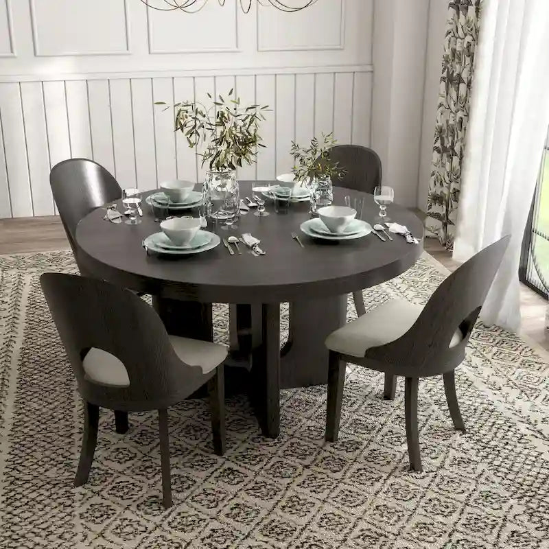 Set da pranzo rotondo da 5 pezzi, tavolo da 54" in legno massello di Hevea e 4 sedie imbottite, grigio cenere o rovere bianco