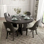Set da pranzo rotondo da 5 pezzi, tavolo da 54" in legno massello di Hevea e 4 sedie imbottite, grigio cenere o rovere bianco
