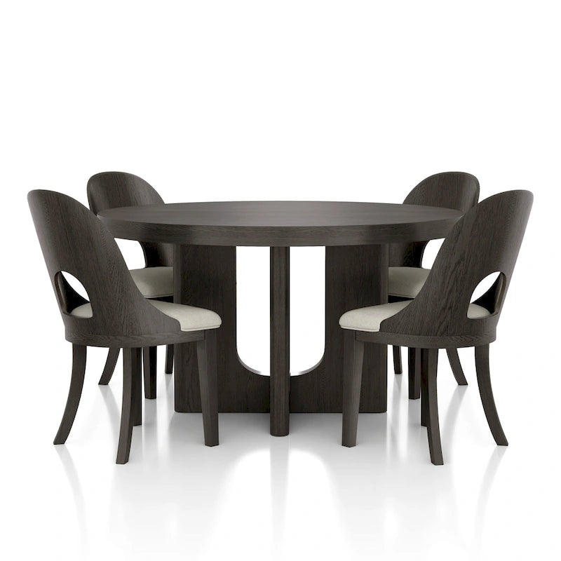 Set da pranzo rotondo da 5 pezzi, tavolo da 54" in legno massello di Hevea e 4 sedie imbottite, grigio cenere o rovere bianco