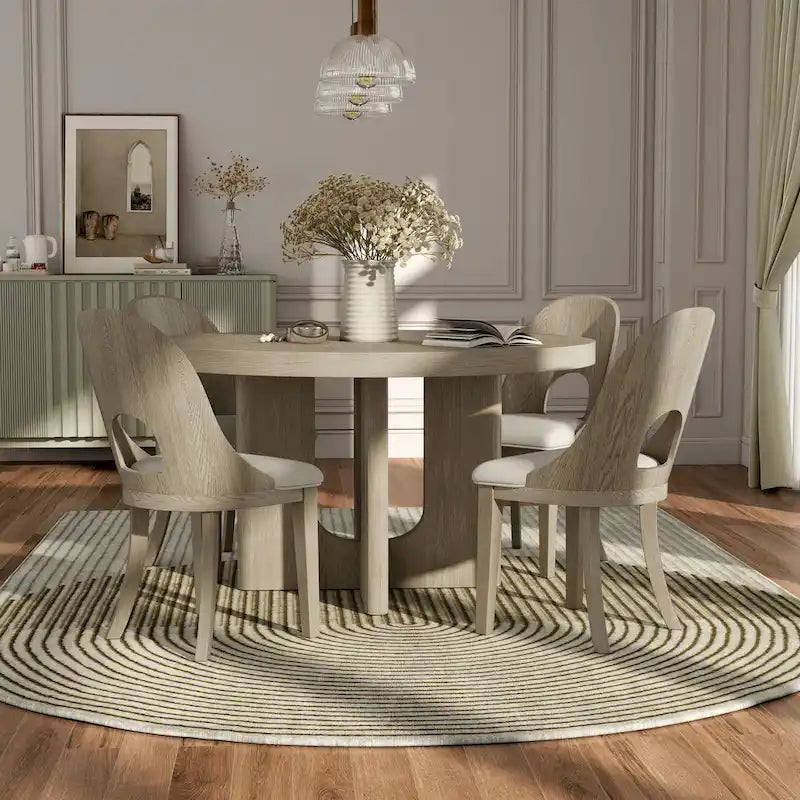 Set da pranzo rotondo da 5 pezzi, tavolo da 54" in legno massello di Hevea e 4 sedie imbottite, grigio cenere o rovere bianco