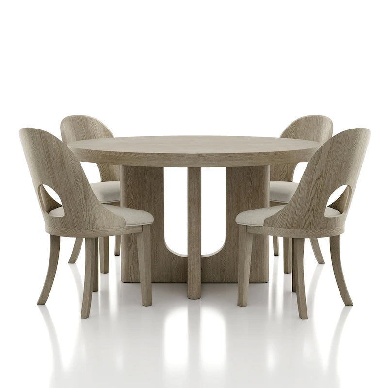 Set da pranzo rotondo da 5 pezzi, tavolo da 54" in legno massello di Hevea e 4 sedie imbottite, grigio cenere o rovere bianco