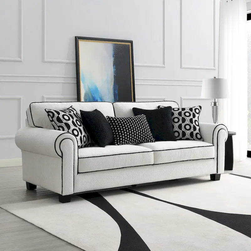 Divano in ciniglia bianca da 221 cm con 5 cuscini decorativi, tessuto OEKO-TEX, schiuma ad alta densità 1.9, molle insacchettate