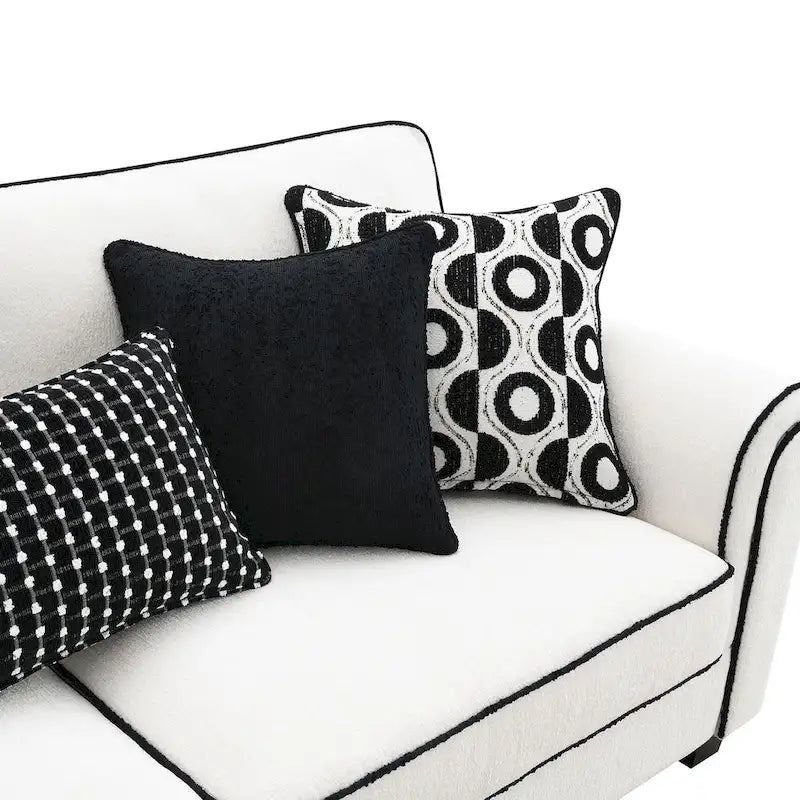 Divano in ciniglia bianca da 221 cm con 5 cuscini decorativi, tessuto OEKO-TEX, schiuma ad alta densità 1.9, molle insacchettate
