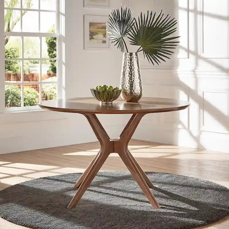 Tavolo da pranzo rotondo Mid-Century, finitura noce, gambe in legno massello, 4 posti, stile moderno