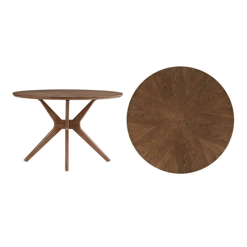 Tavolo da pranzo rotondo Mid-Century, finitura noce, gambe in legno massello, 4 posti, stile moderno